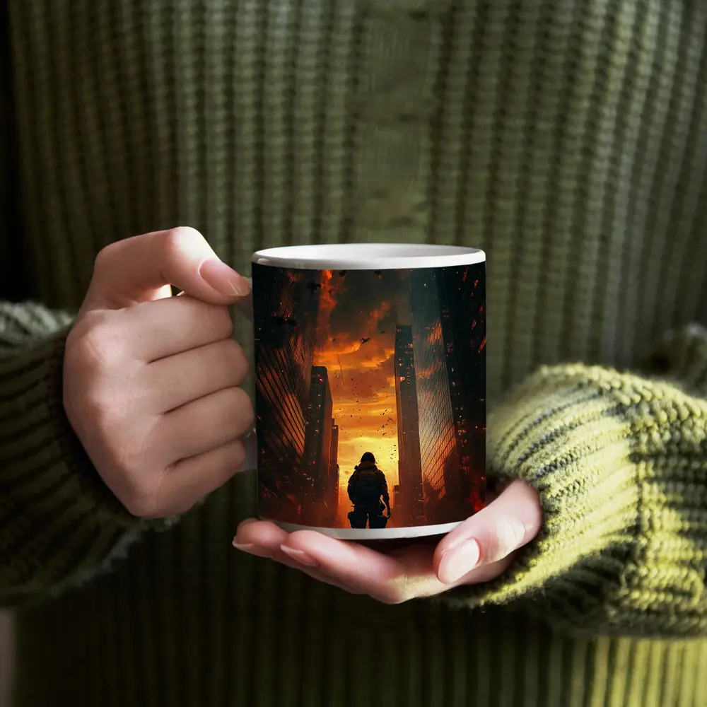 Soldier Standing In Burning City Streets – Mugs