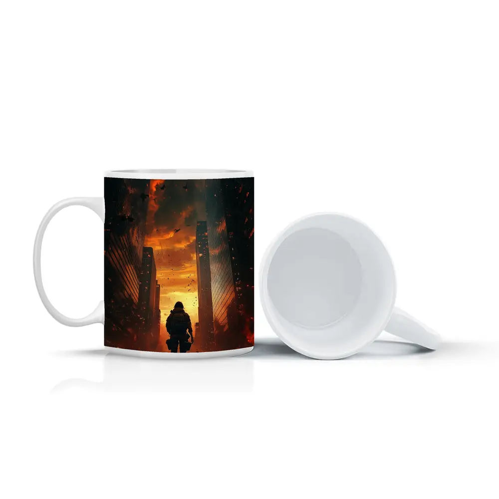 Soldier Standing In Burning City Streets – Mugs