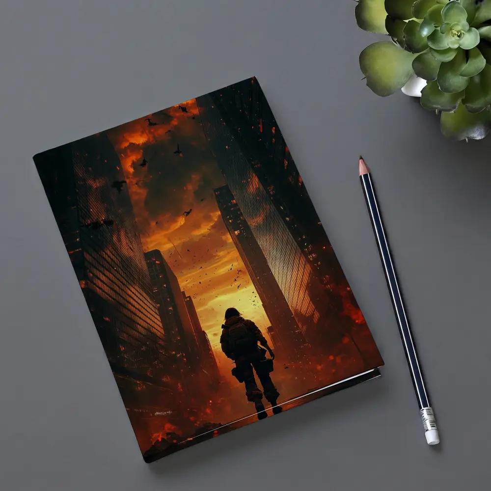 Soldier Standing In Burning City Streets – Notebooks