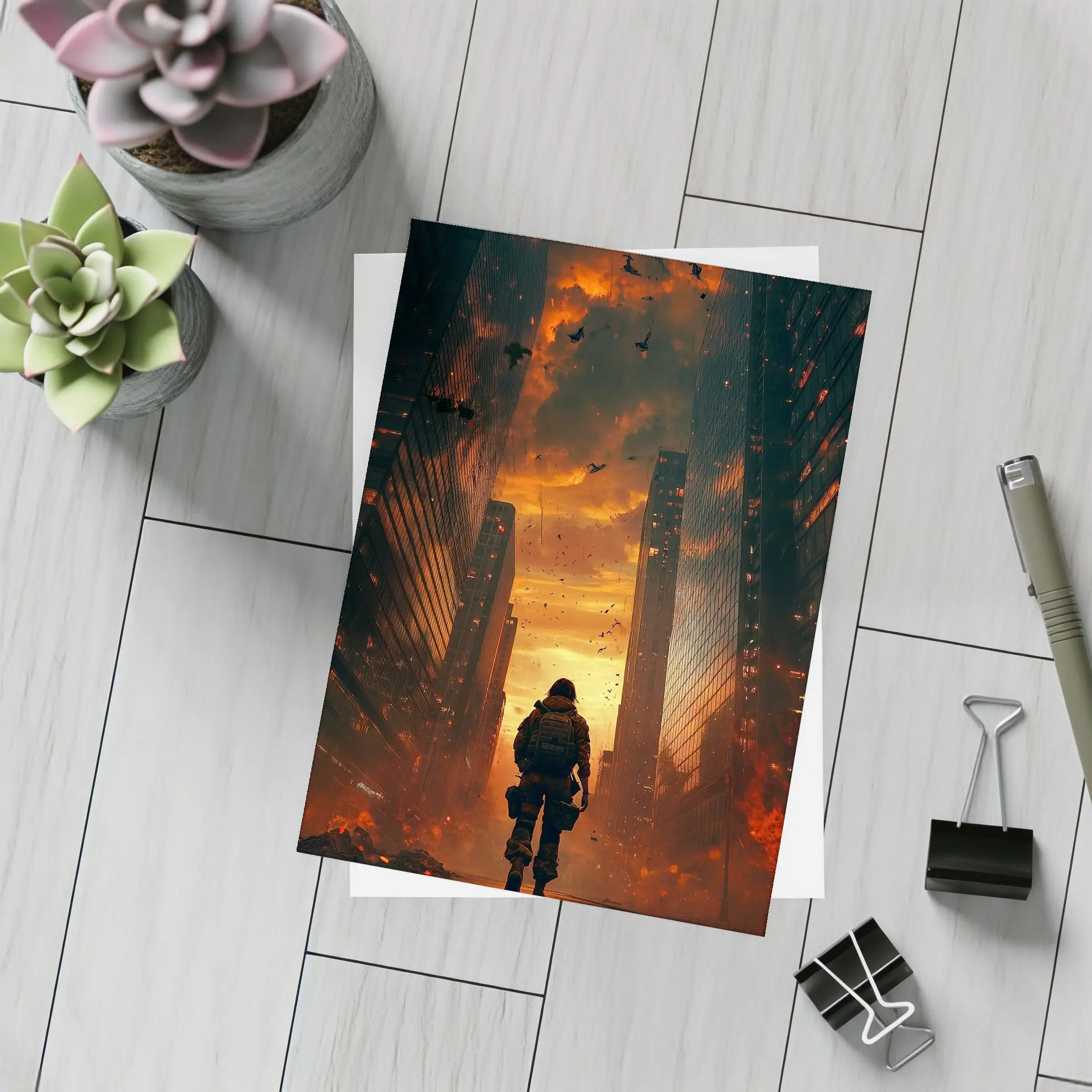 Soldier Standing In Burning City Streets – Postcards