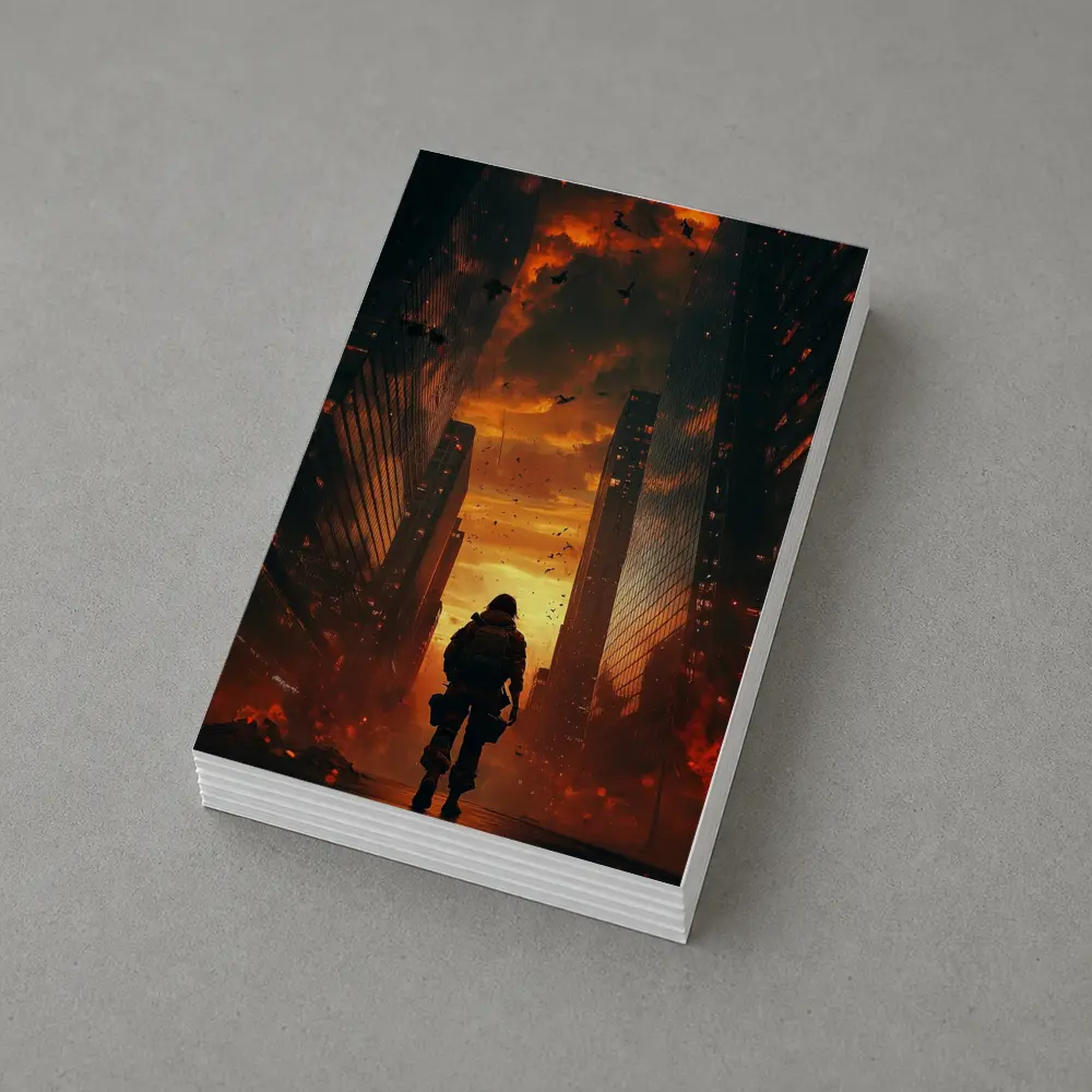 Soldier Standing In Burning City Streets – Postcards