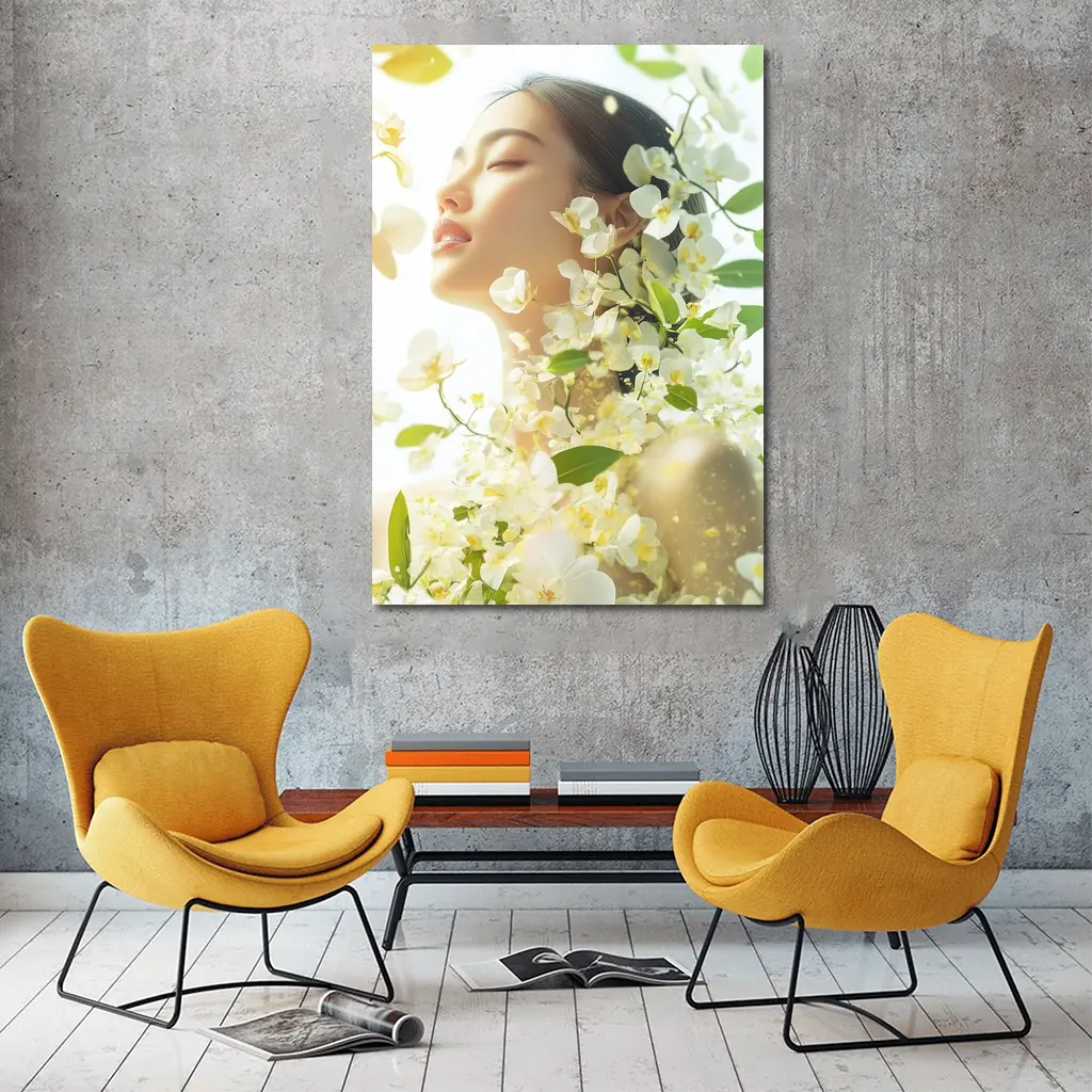 Asian Woman Portrait White Orchids Floral – Wall Art