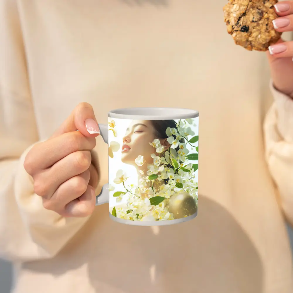 Asian Woman Portrait White Orchids Floral – Mugs