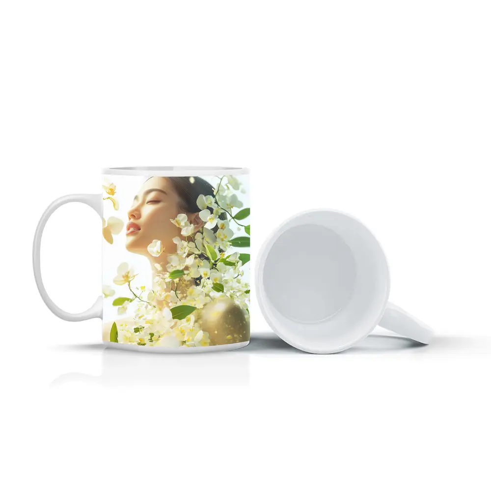 Asian Woman Portrait White Orchids Floral – Mugs