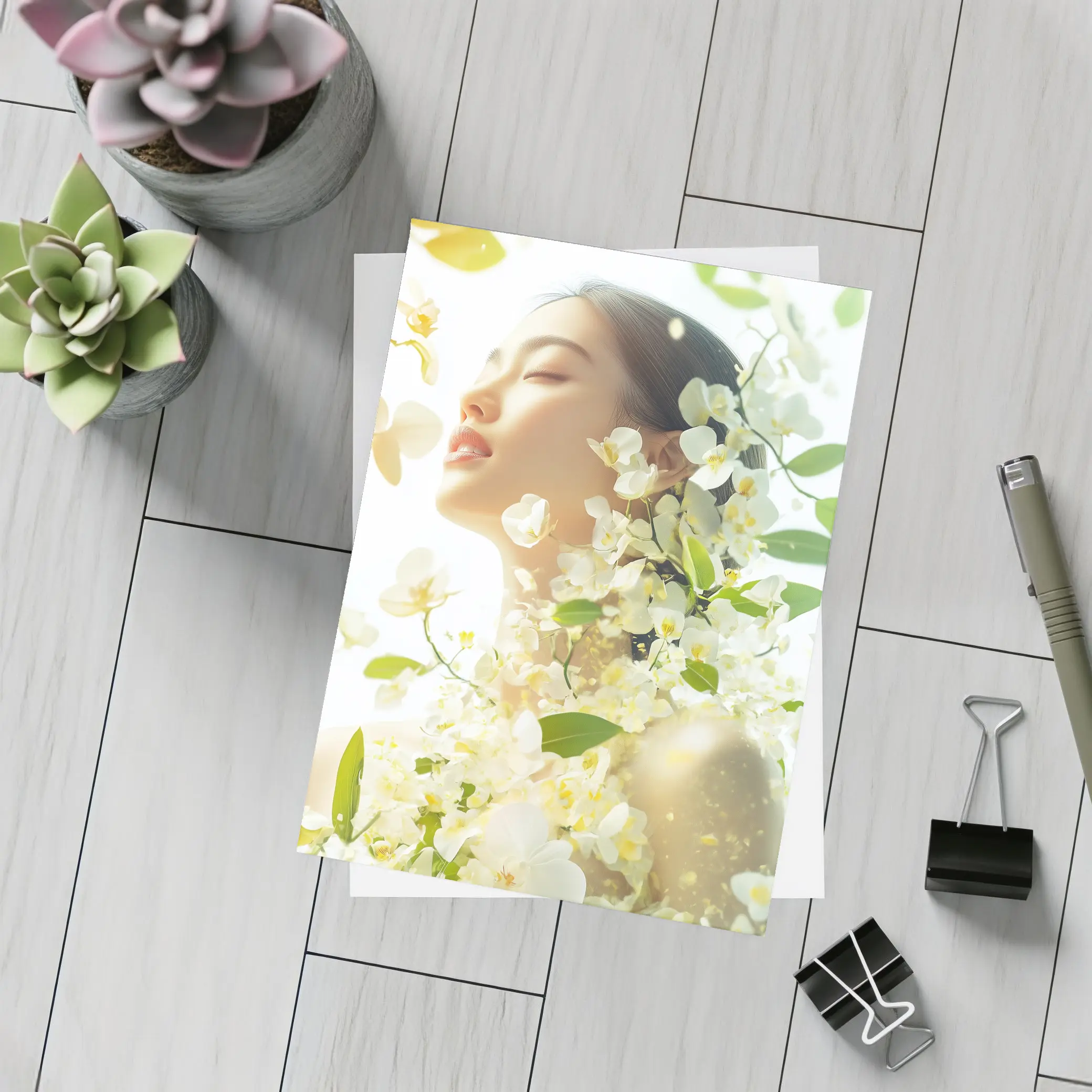 Asian Woman Portrait White Orchids Floral – Postcards