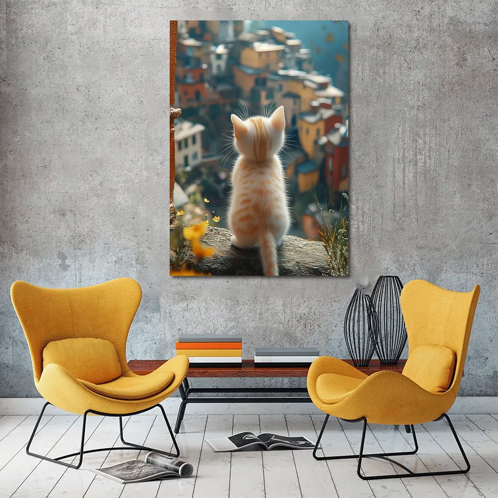 Orange Kitten Overlooking Colorful Hillside Village – Wall Art