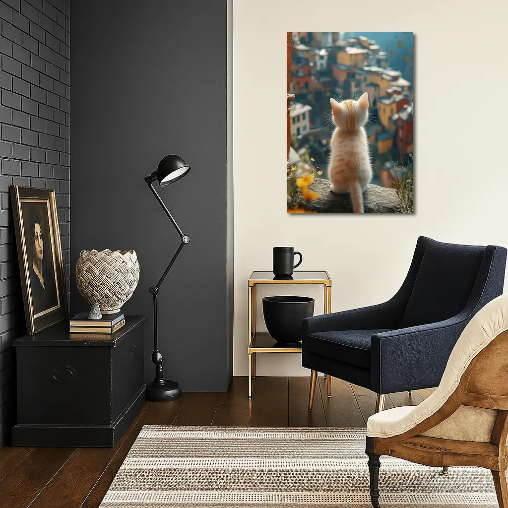 Orange Kitten Overlooking Colorful Hillside Village – Wall Art