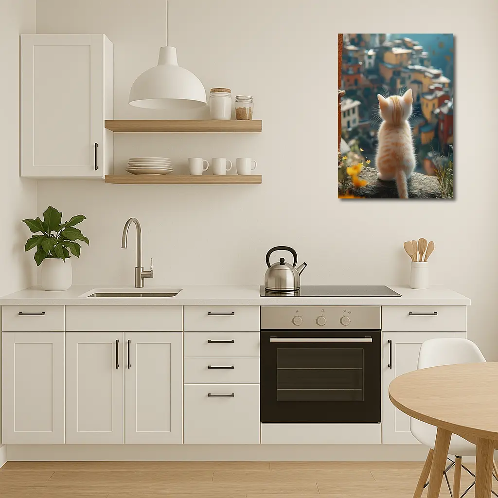 Orange Kitten Overlooking Colorful Hillside Village – Wall Art