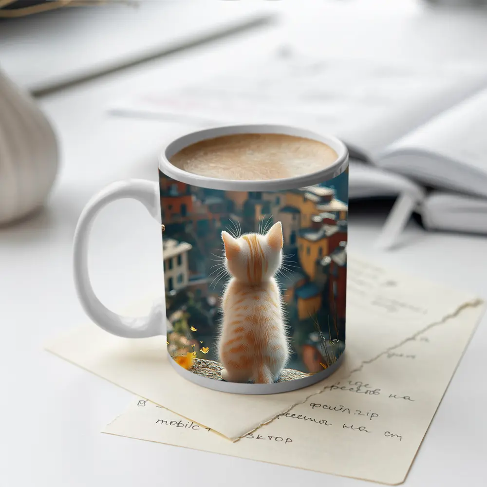 Orange Kitten Overlooking Colorful Hillside Village – Mugs