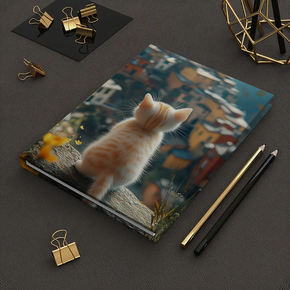 Orange Kitten Overlooking Colorful Hillside Village – Notebooks