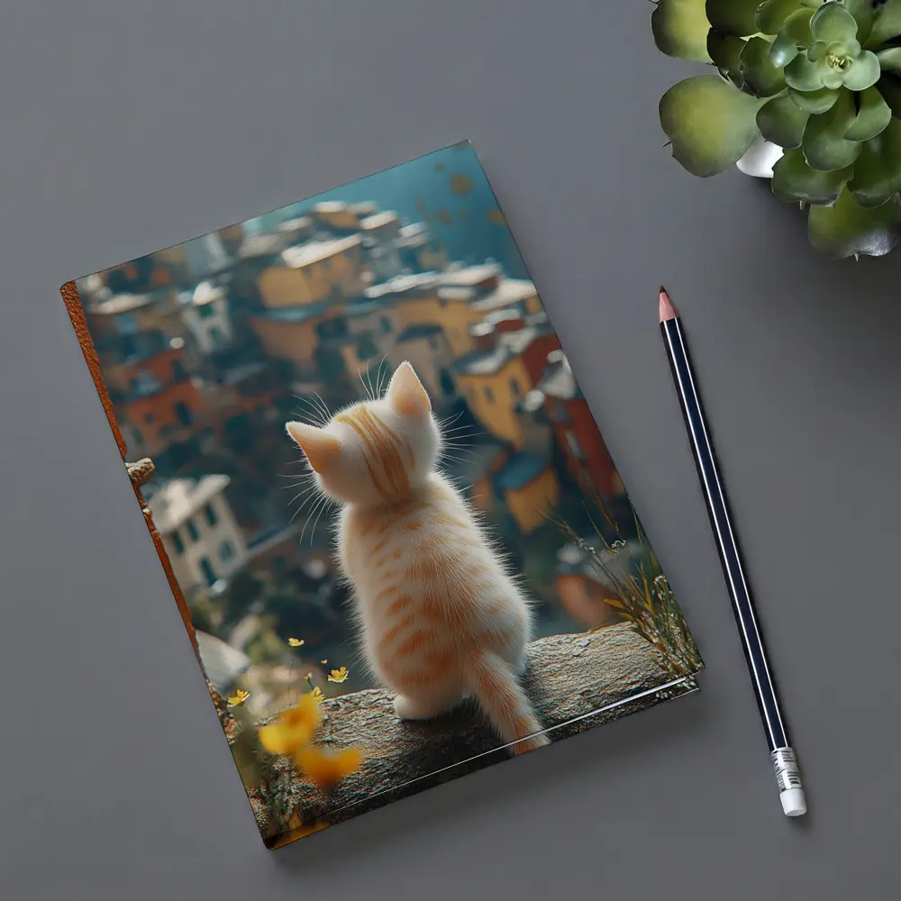 Orange Kitten Overlooking Colorful Hillside Village – Notebooks