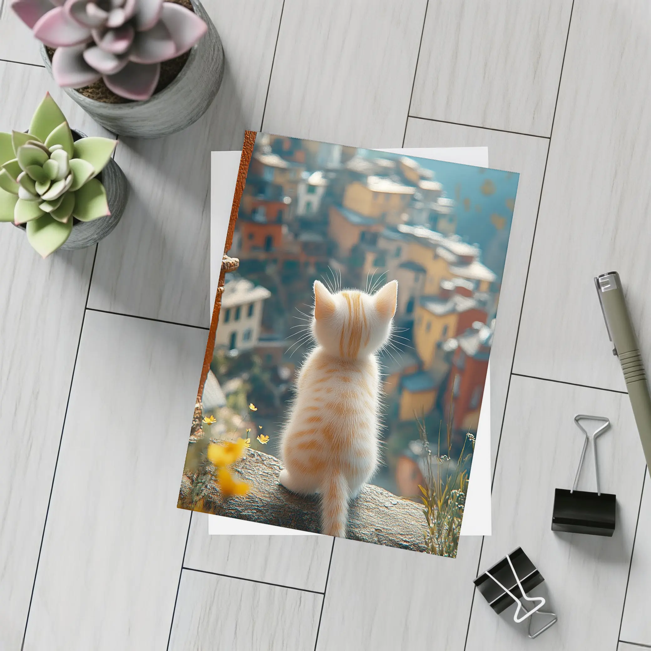 Orange Kitten Overlooking Colorful Hillside Village – Postcards
