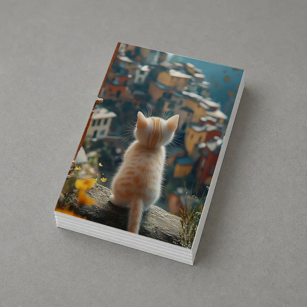 Orange Kitten Overlooking Colorful Hillside Village – Postcards