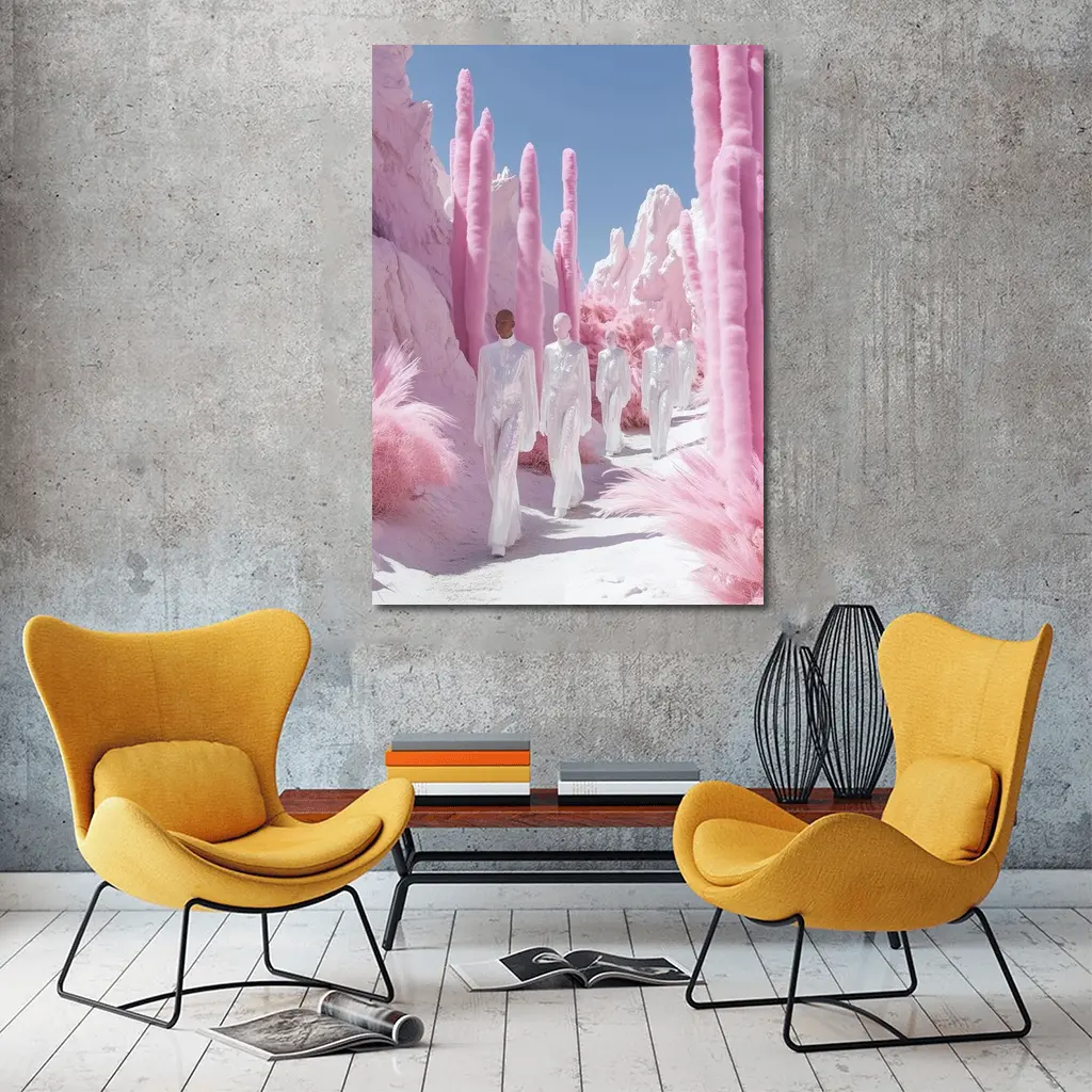 Surreal Pink Desert Figures White Landscape – Wall Art