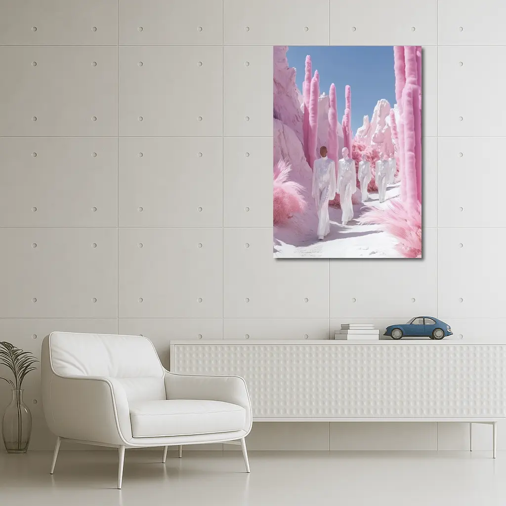Surreal Pink Desert Figures White Landscape – Wall Art