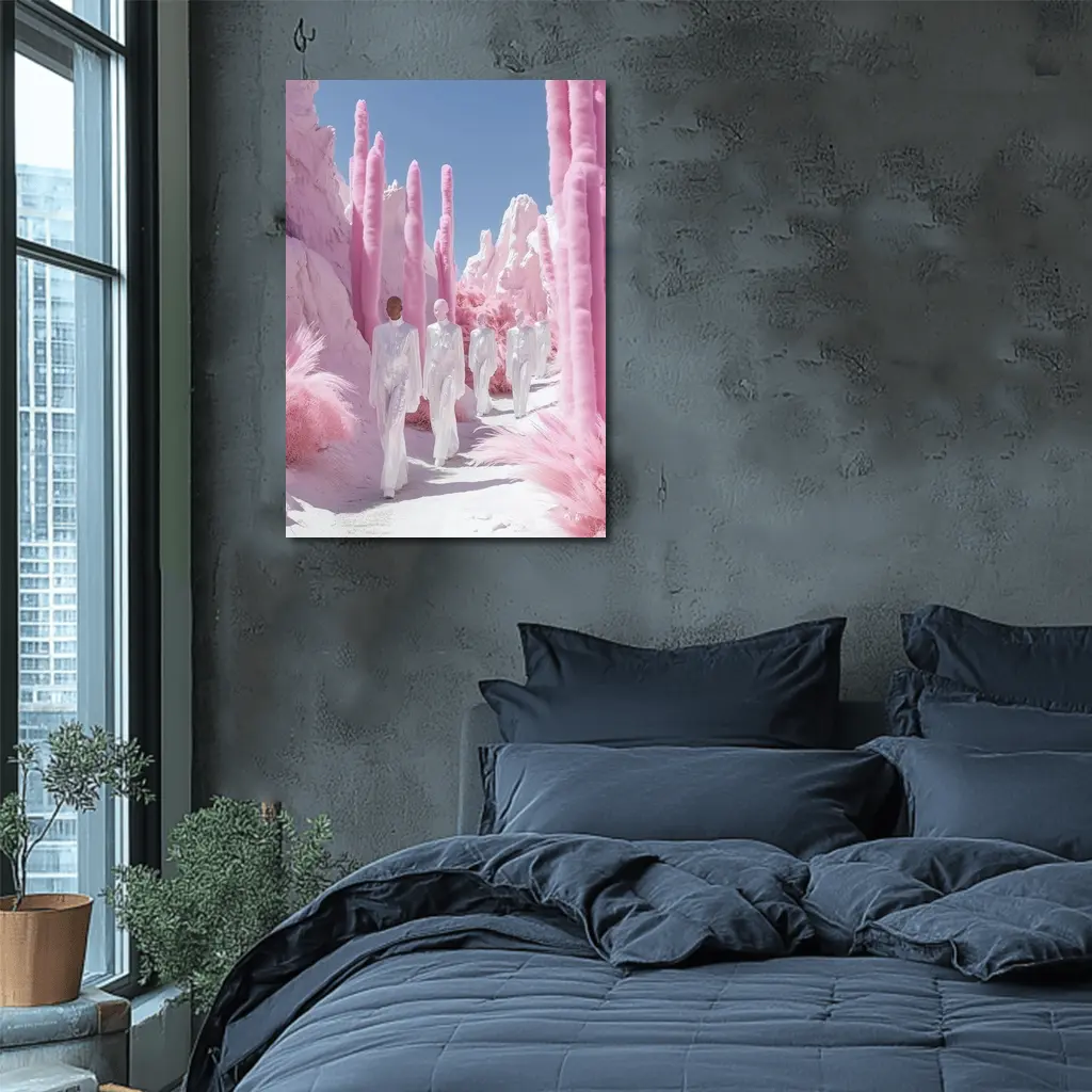 Surreal Pink Desert Figures White Landscape – Wall Art