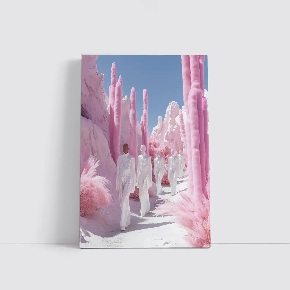 Surreal Pink Desert Figures White Landscape – Wall Art