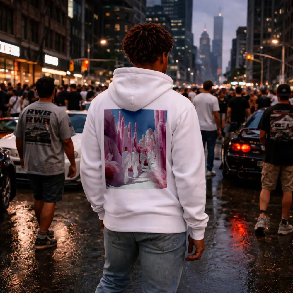 Surreal Pink Desert Figures White Landscape – Hoodies