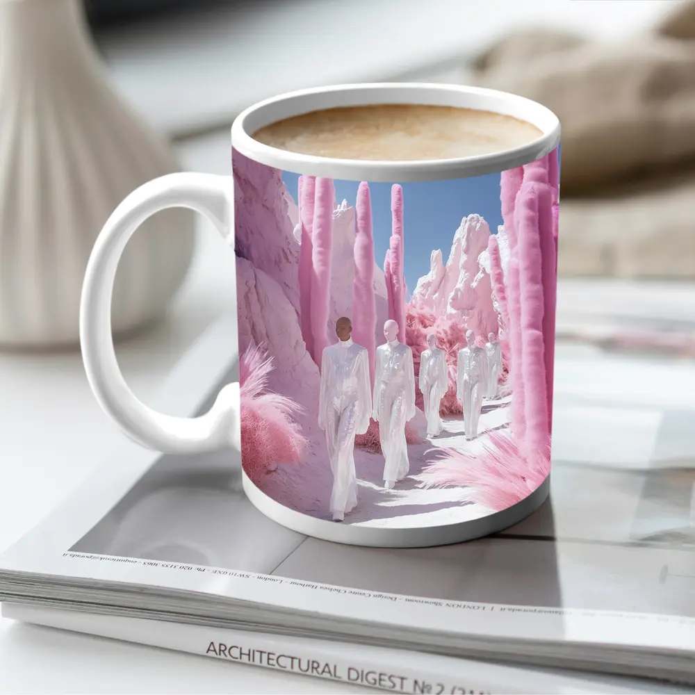 Surreal Pink Desert Figures White Landscape – Mugs