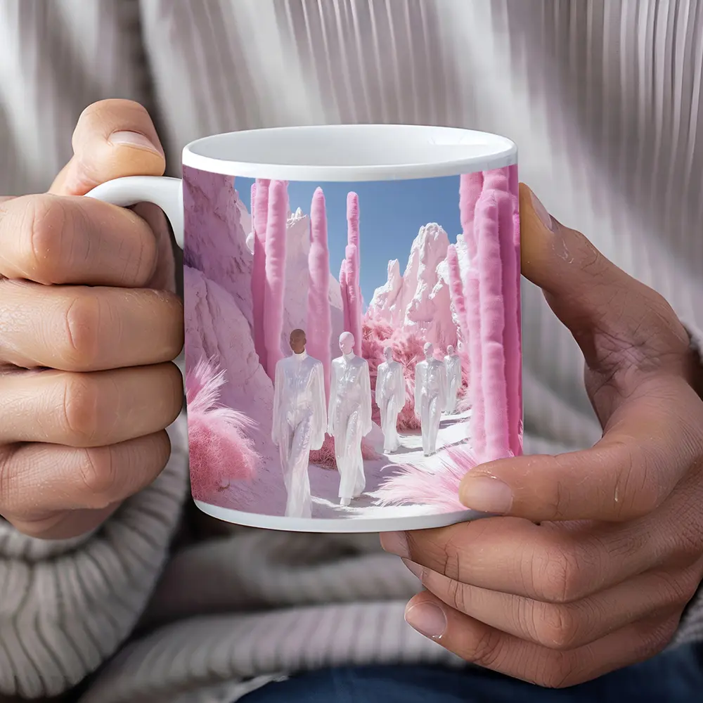 Surreal Pink Desert Figures White Landscape – Mugs