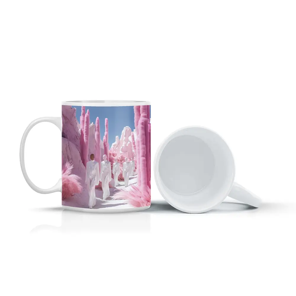 Surreal Pink Desert Figures White Landscape – Mugs
