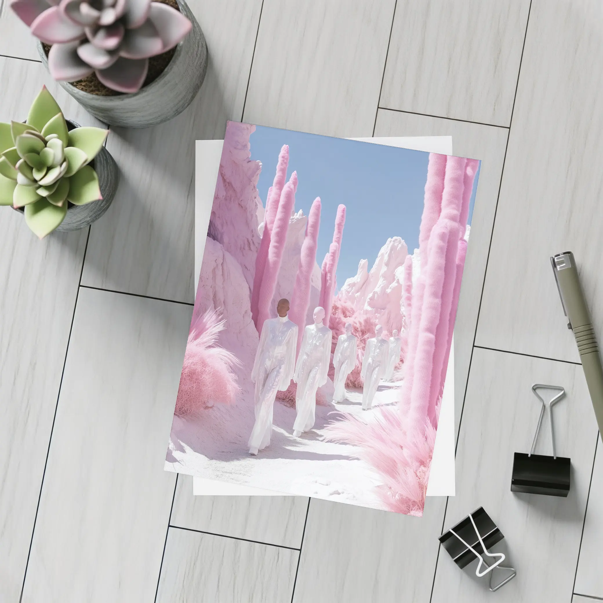 Surreal Pink Desert Figures White Landscape – Postcards
