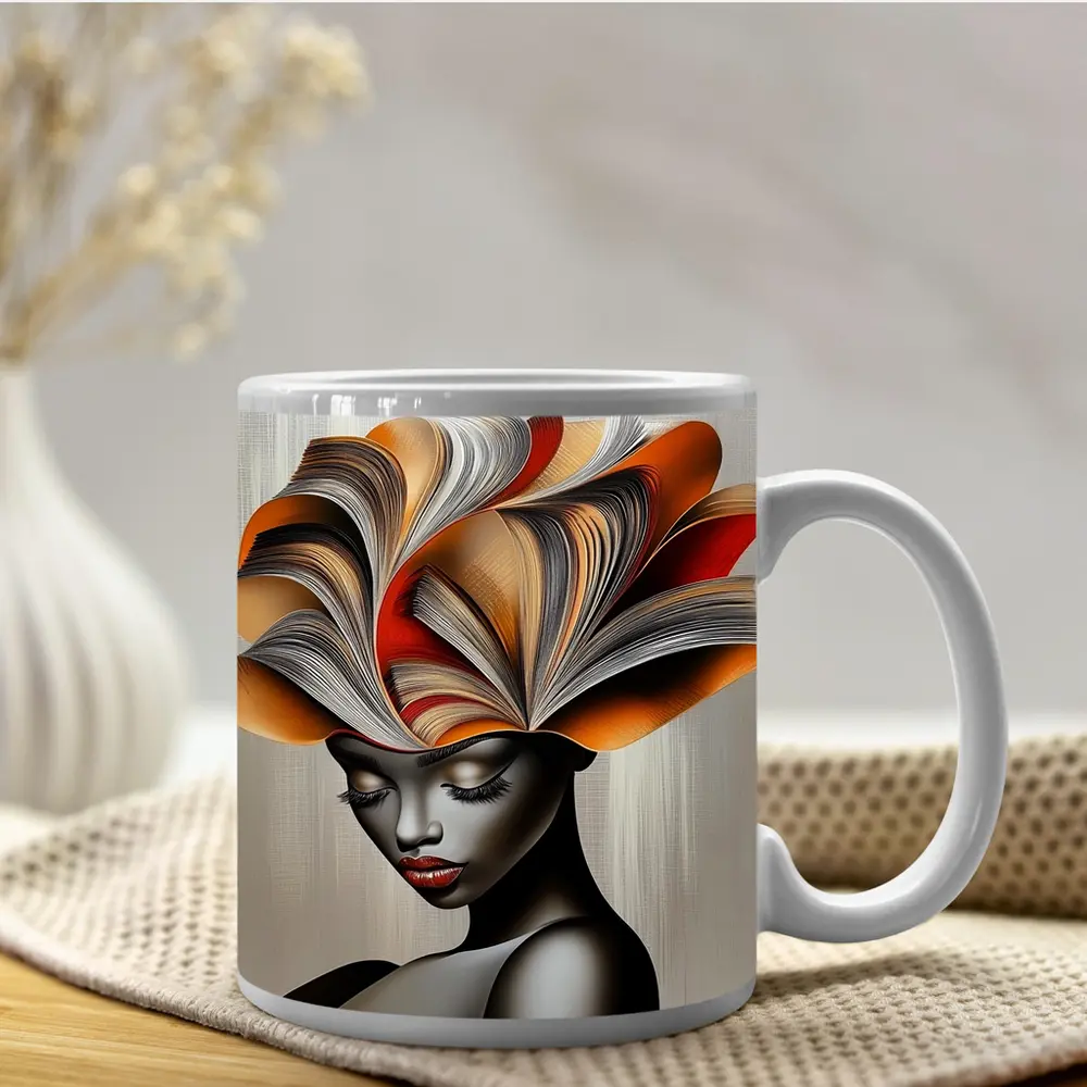 Woman With Book Pages Headdress Art – Mugs