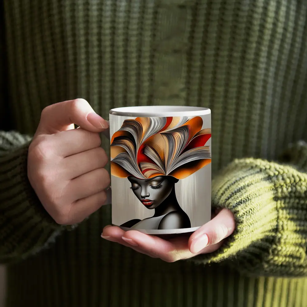 Woman With Book Pages Headdress Art – Mugs