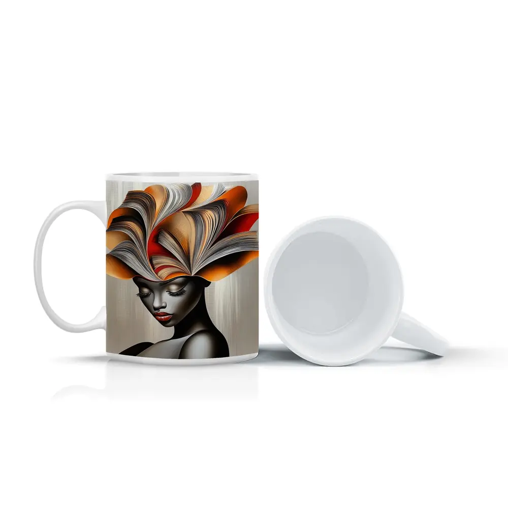 Woman With Book Pages Headdress Art – Mugs