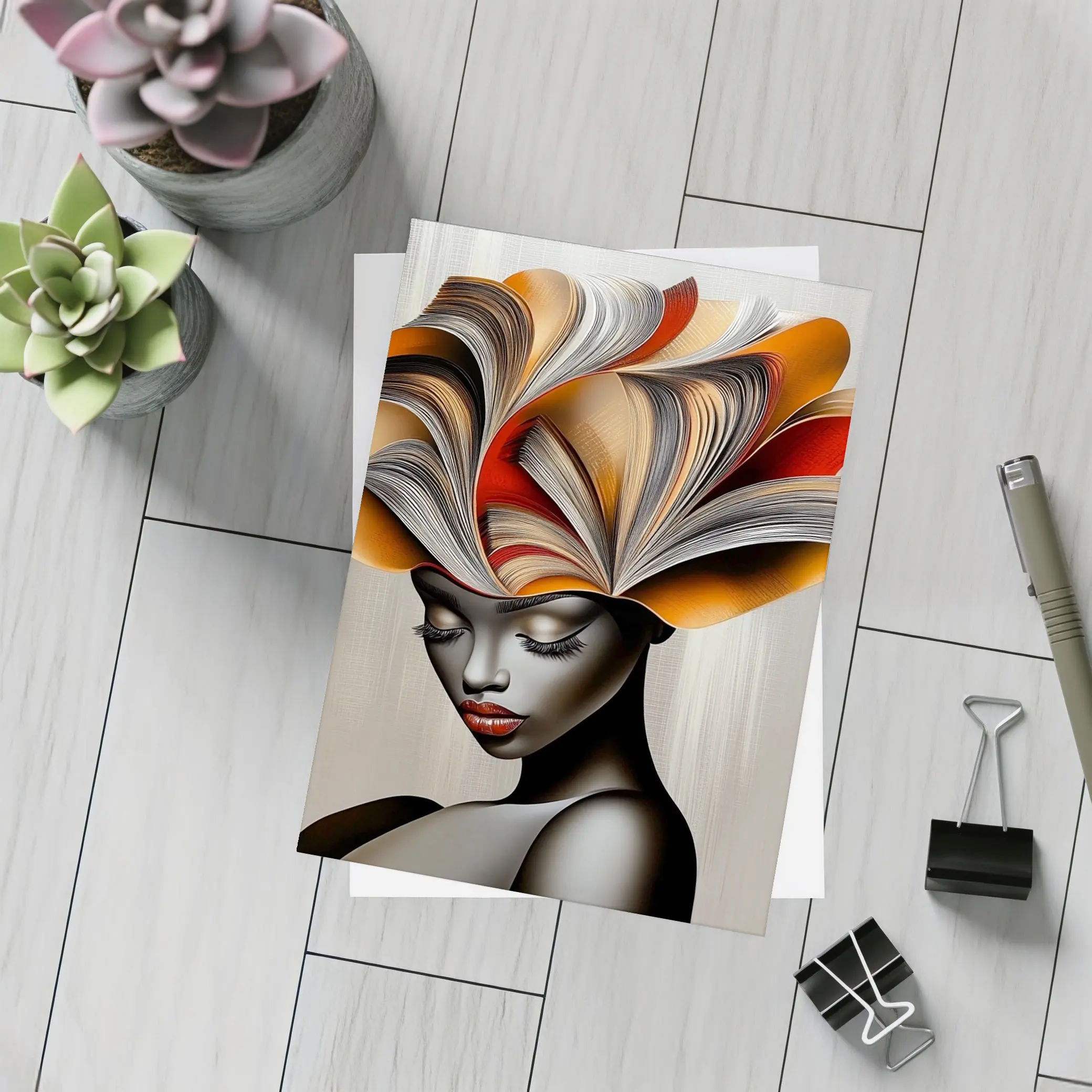 Woman With Book Pages Headdress Art – Postcards