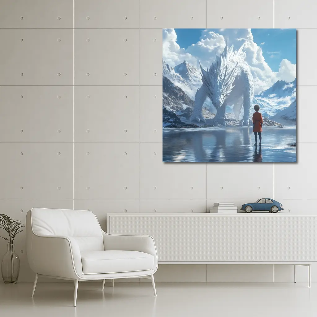 Boy Facing White Dragon Snowy Mountains – Wall Art