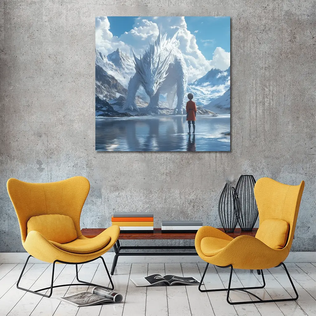 Boy Facing White Dragon Snowy Mountains – Wall Art