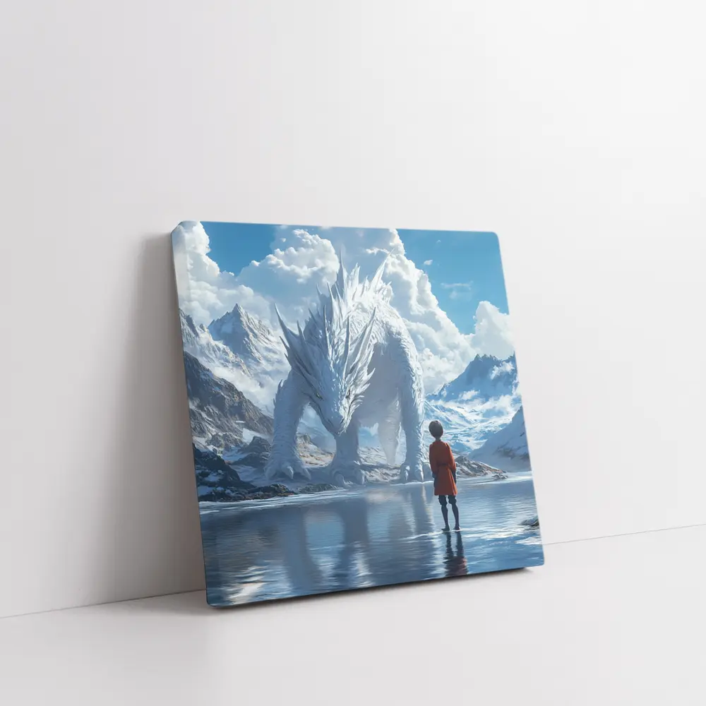 Boy Facing White Dragon Snowy Mountains – Wall Art