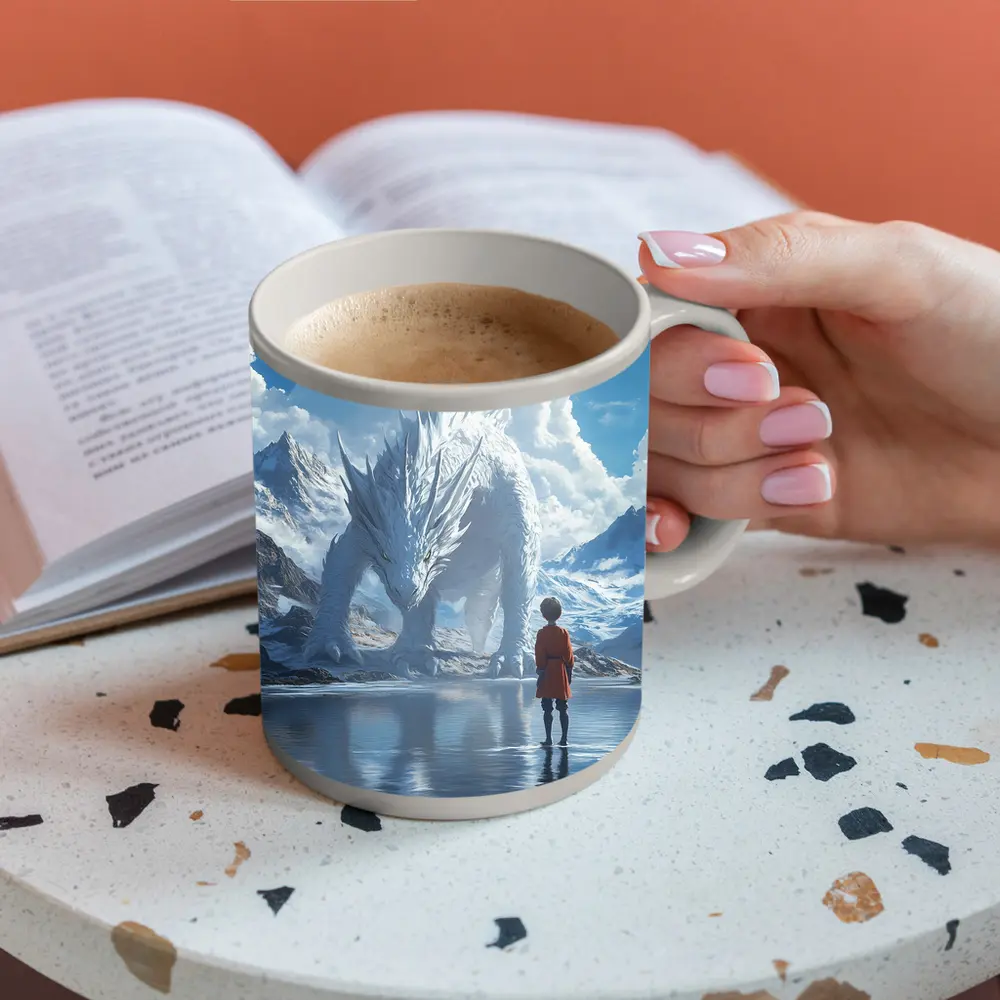 Boy Facing White Dragon Snowy Mountains – Mugs