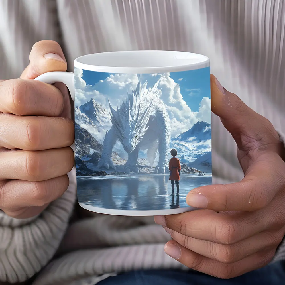 Boy Facing White Dragon Snowy Mountains – Mugs