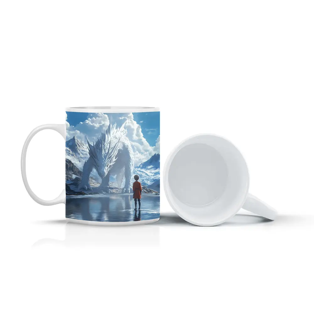 Boy Facing White Dragon Snowy Mountains – Mugs