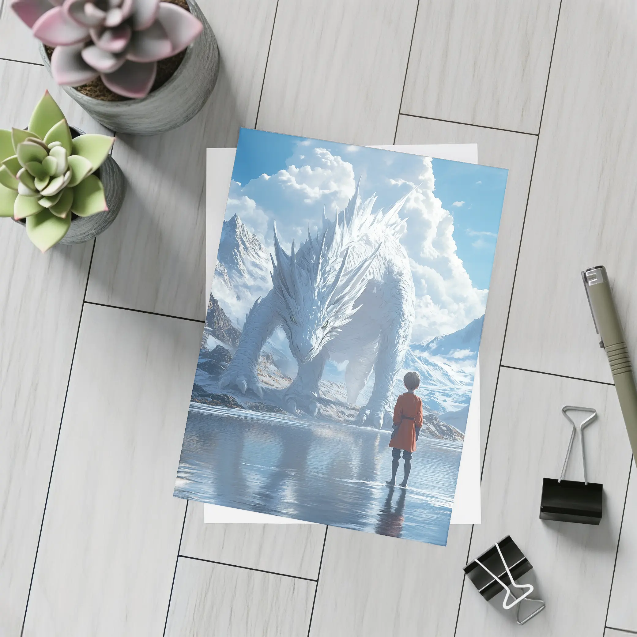 Boy Facing White Dragon Snowy Mountains – Postcards