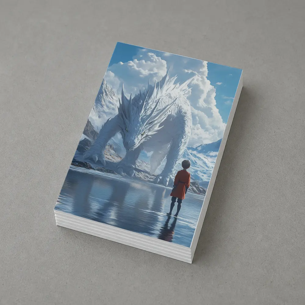 Boy Facing White Dragon Snowy Mountains – Postcards