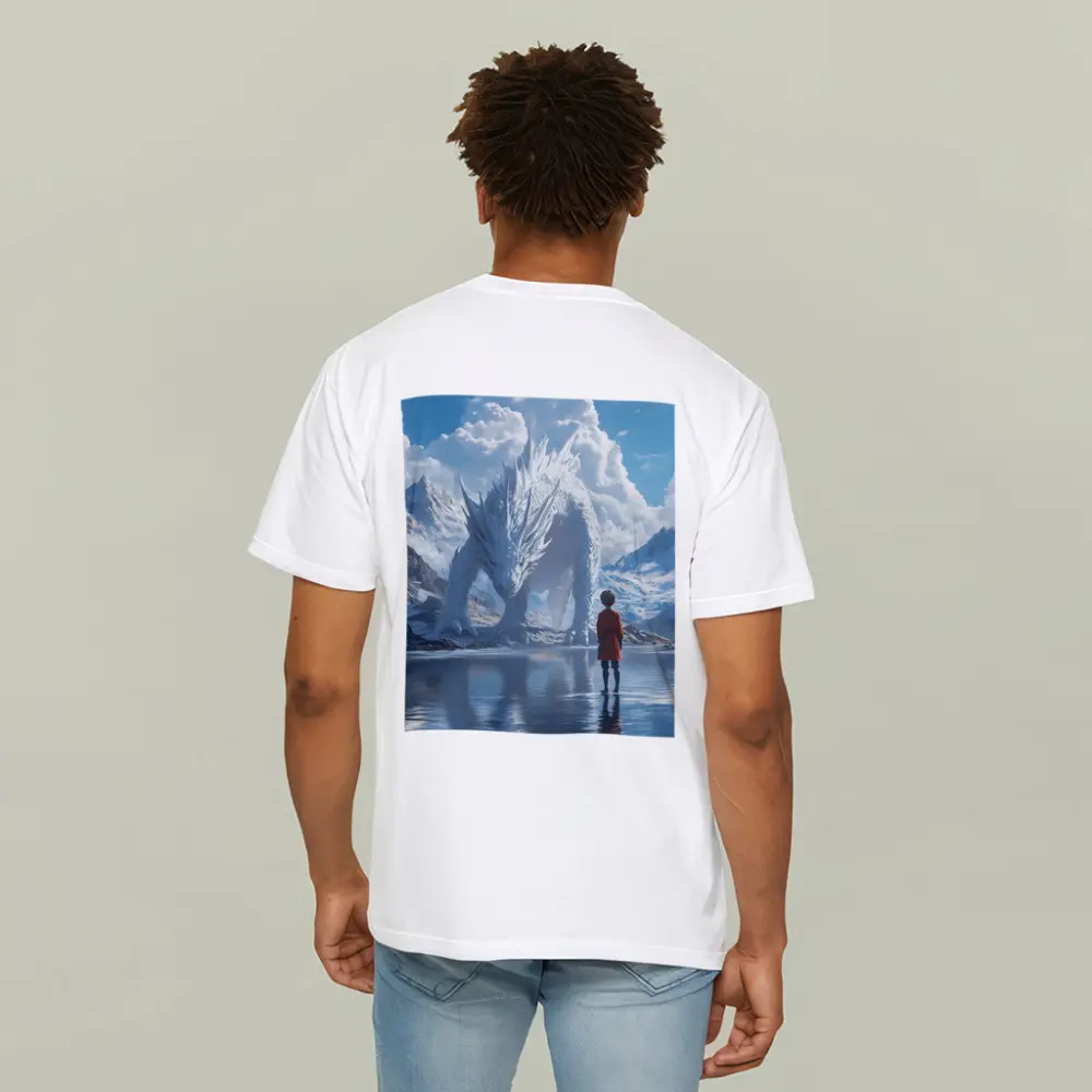 Boy Facing White Dragon Snowy Mountains – T-Shirts