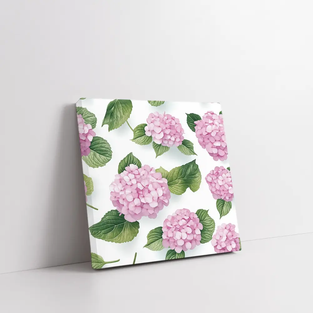 Pink Hydrangea Flowers Green Leaves White Background – Wall Art