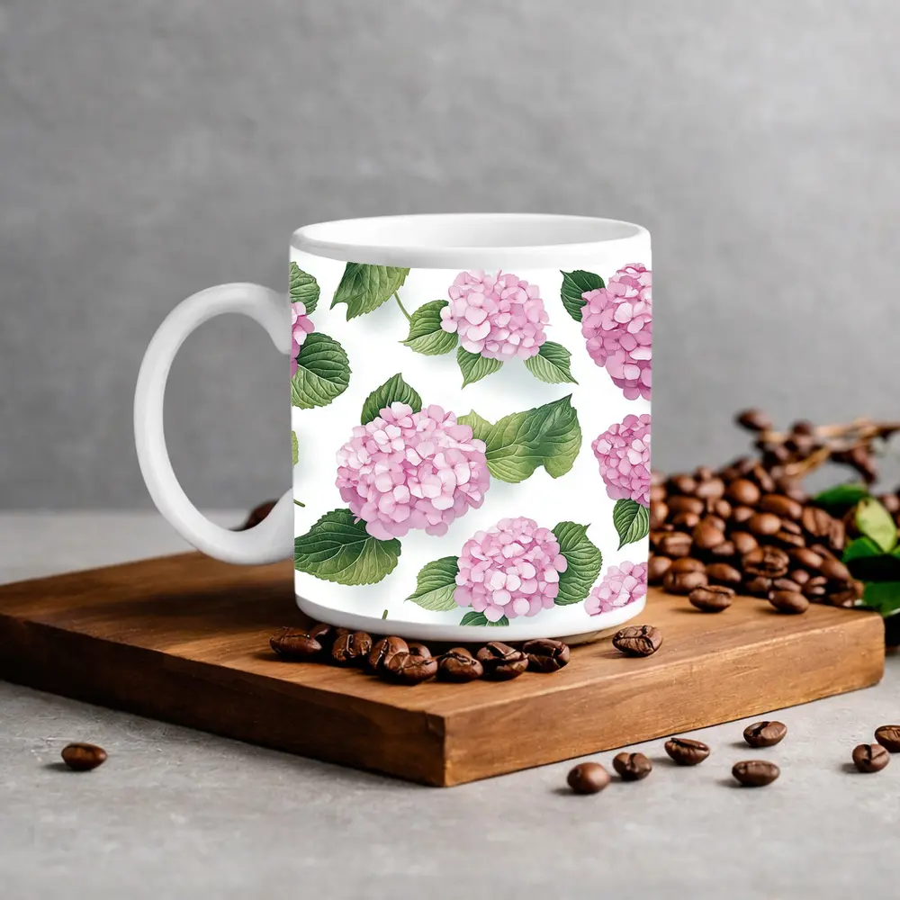 Pink Hydrangea Flowers Green Leaves White Background – Mugs