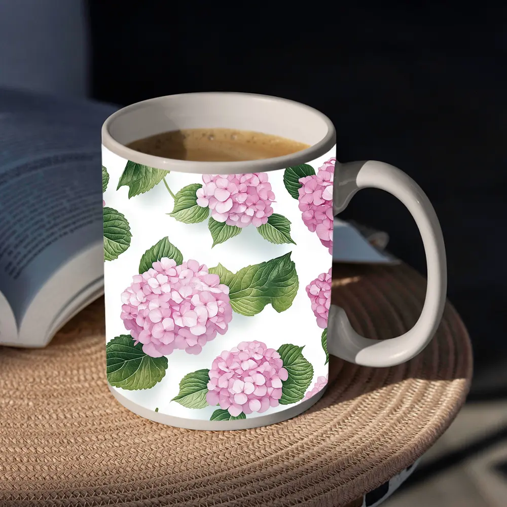 Pink Hydrangea Flowers Green Leaves White Background – Mugs