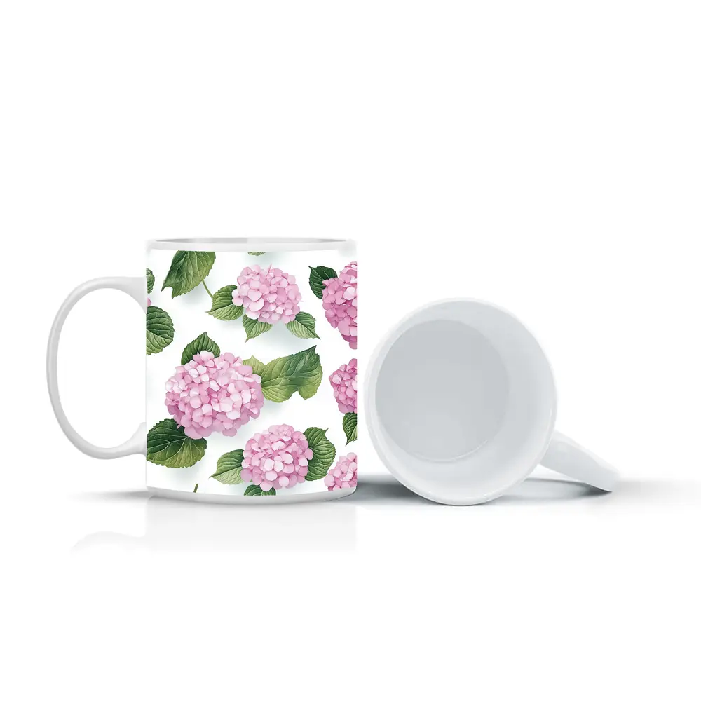 Pink Hydrangea Flowers Green Leaves White Background – Mugs