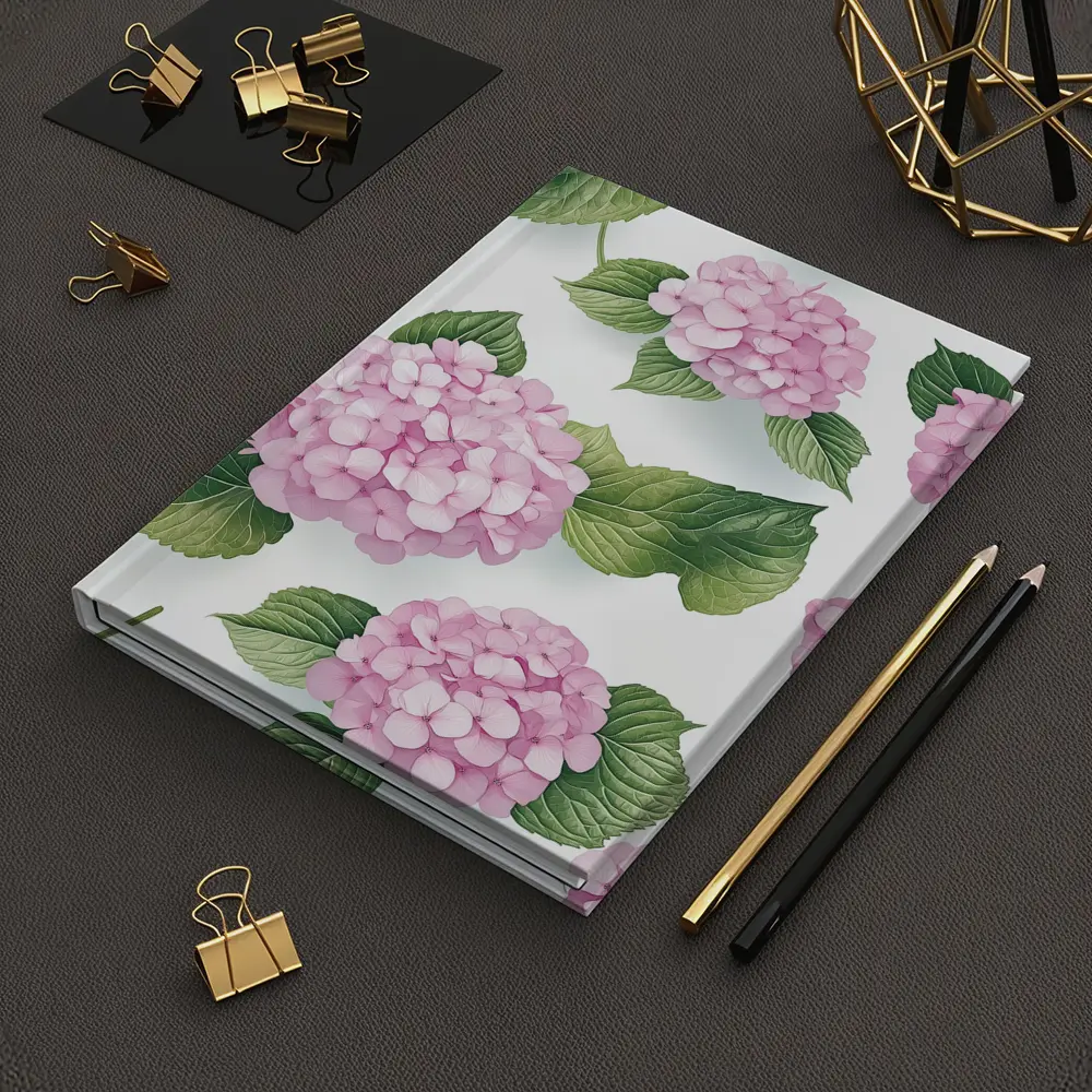 Pink Hydrangea Flowers Green Leaves White Background – Notebooks