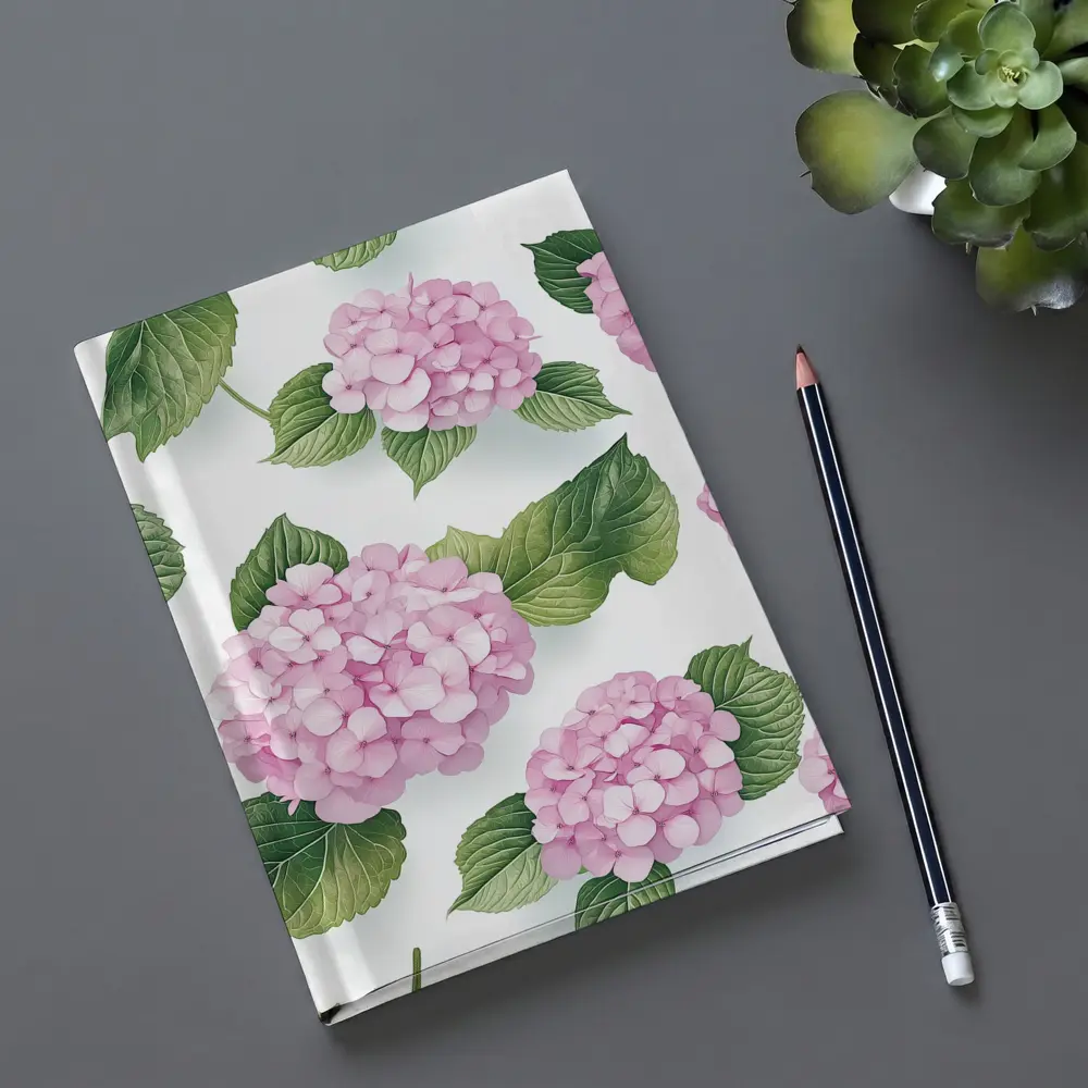Pink Hydrangea Flowers Green Leaves White Background – Notebooks