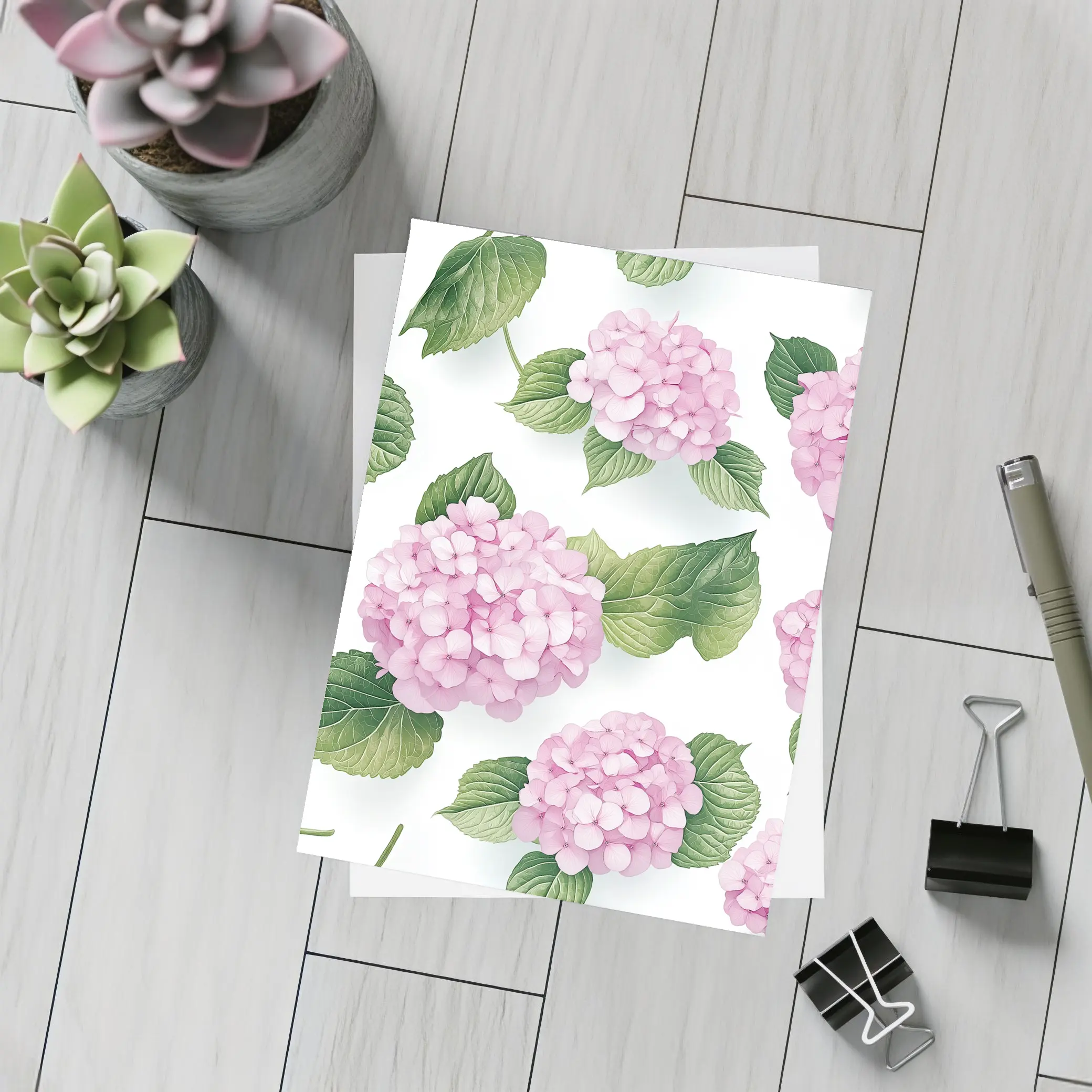 Pink Hydrangea Flowers Green Leaves White Background – Postcards
