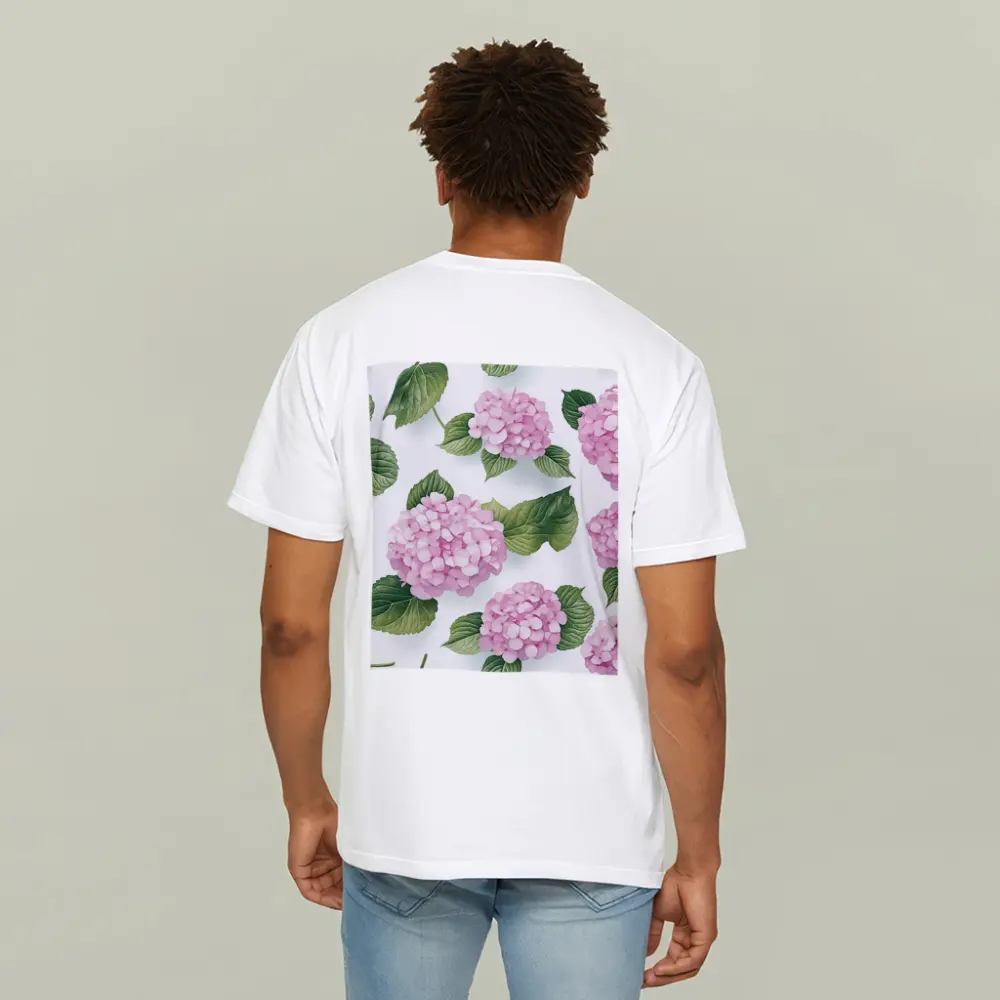 Pink Hydrangea Flowers Green Leaves White Background – T-Shirts