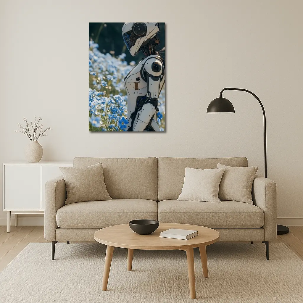 White Robot Standing Among Blue Wildflowers – Wall Art