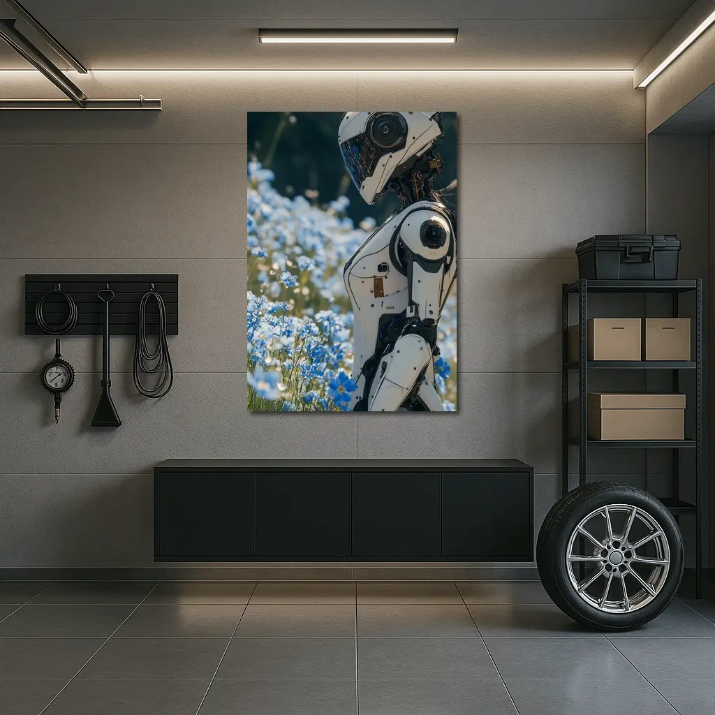 White Robot Standing Among Blue Wildflowers – Wall Art