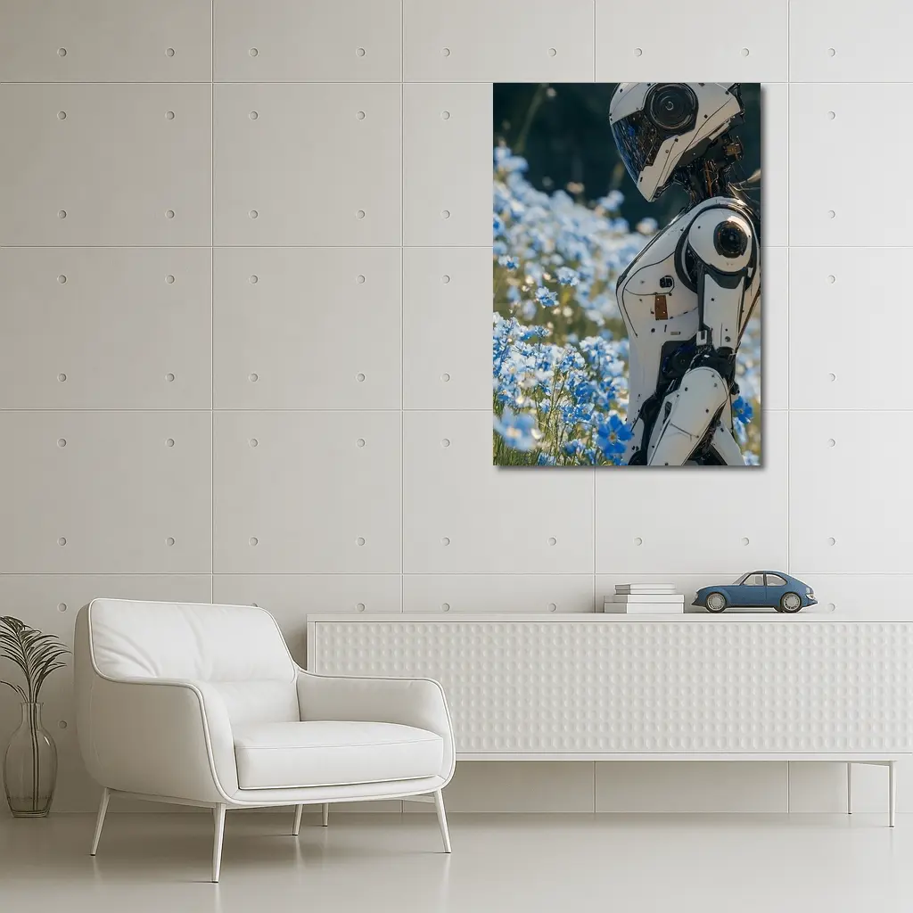 White Robot Standing Among Blue Wildflowers – Wall Art